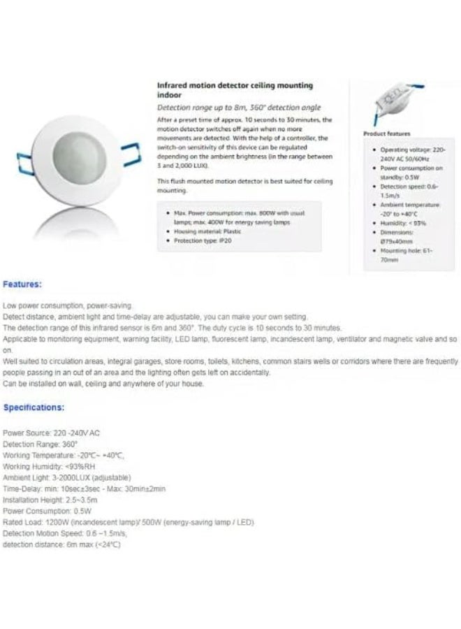 NOVEX 360° PIR Motion Sensor Switch – Recessed Ceiling Mount, Adjustable Time & Lux Control, Energy-Saving Auto Light Sensor (White) - Image 3